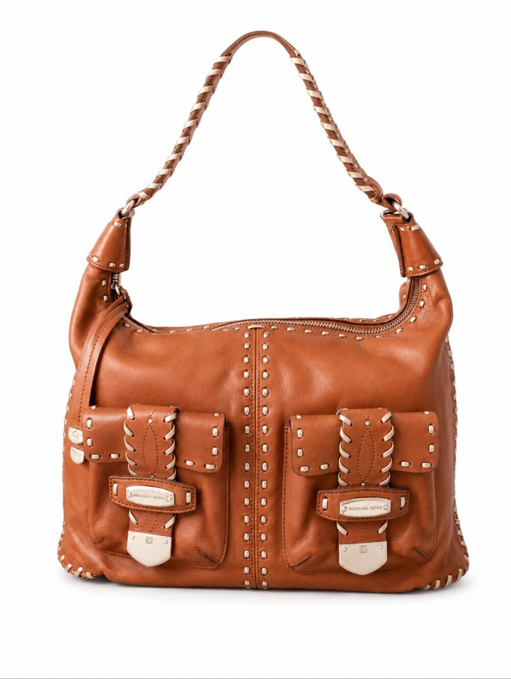 ***SOLD***Vintage Michael Kors Palm Beach Cognac Leather Whipstitch Shoulder Bag